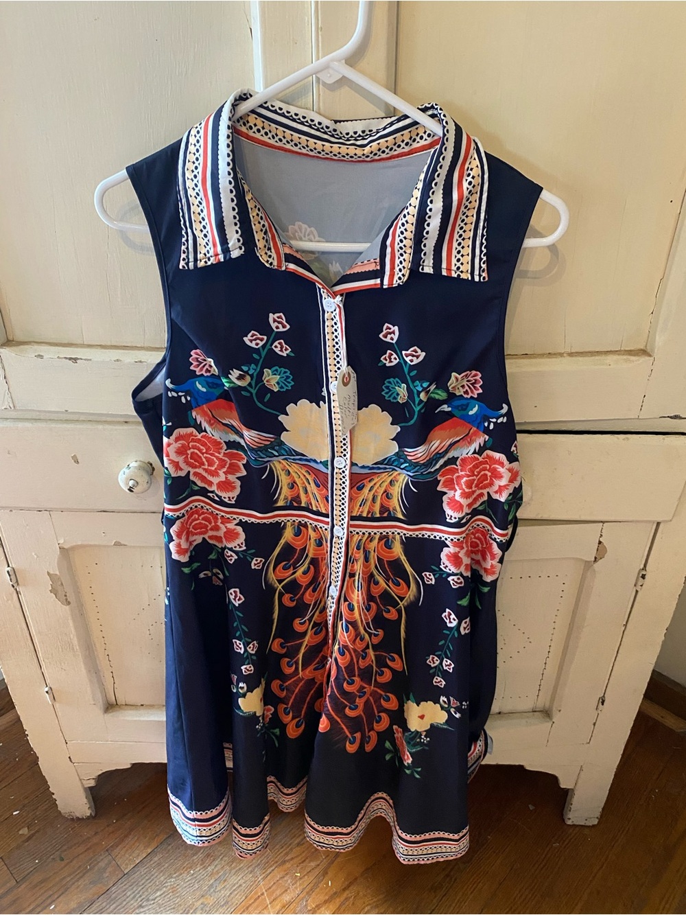 Navy Floral Sleeveless Collared Tunic Dress with Button Front